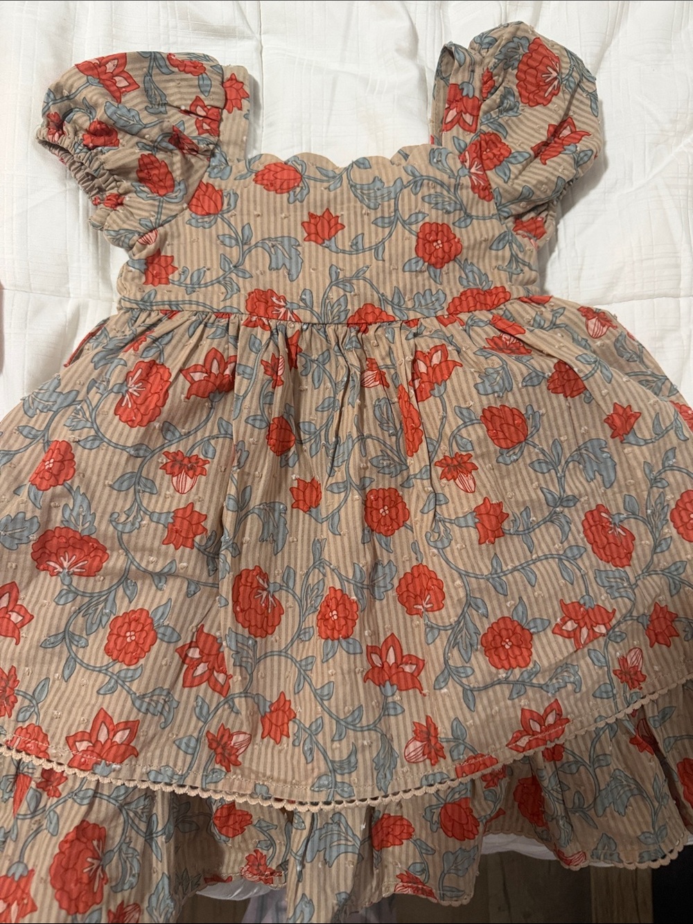 Girls fall Floral Puff-Sleeve Dress in Beige and Red 3t worn once for photo